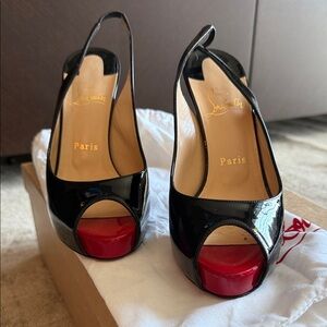 Christian Louboutin Black Patent Slingback Peep-Toe Heels with Red Platform